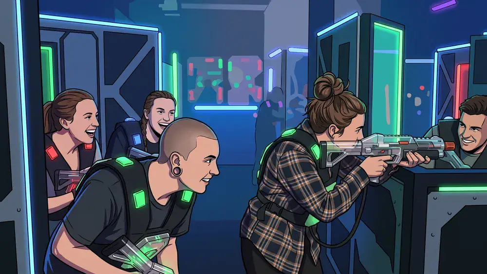 LaserTag Würzburg – Team in taktischen Westen spielt in einer dunklen Neon-Arena am Hauptbahnhof