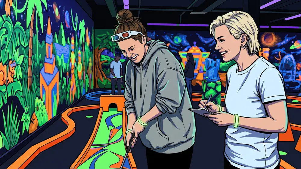 Schwarzlichtfabrik Würzburg – Team spielt mit 3D-Brillen 3D-Minigolf unter Schwarzlicht