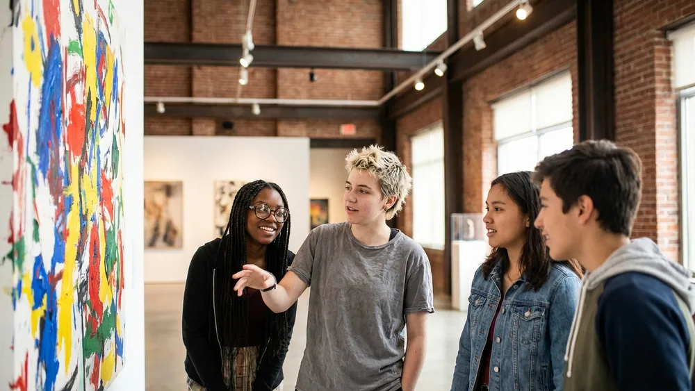 Museum im Kulturspeicher Würzburg – Schüler betrachten Kunstwerke in einer hellen Galerie