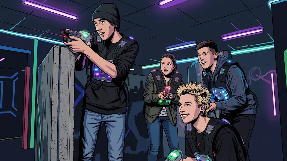 LaserTag Würzburg – Schüler spielen LaserTag in einer neonbeleuchteten Arena
