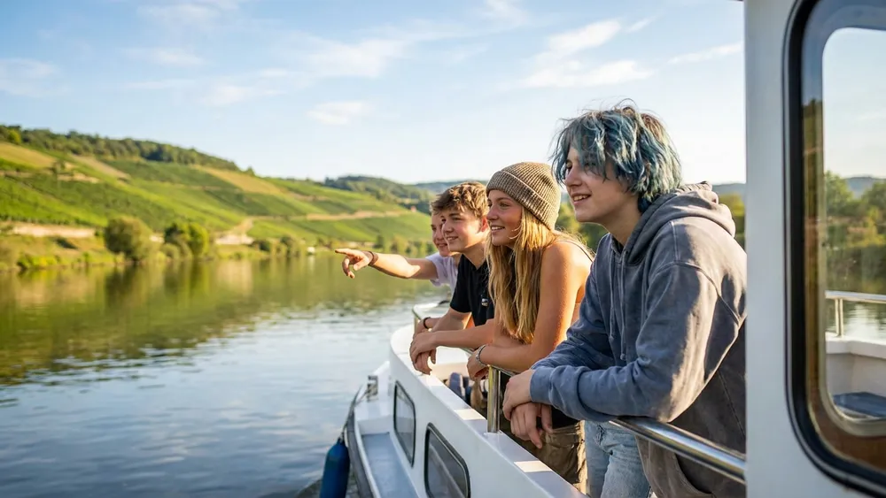 Mainschifffahrt Würzburg – Schüler stehen an der Reling eines Ausflugsschiffs auf dem Main