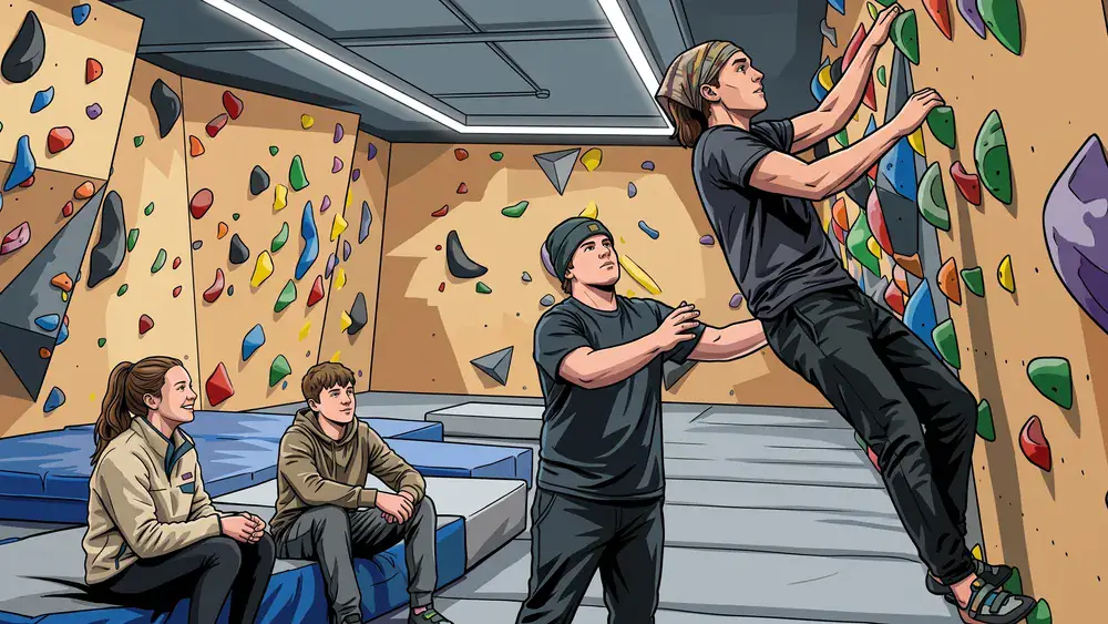 Rock Inn Boulderhalle Würzburg – Schüler klettern an einer bunten Boulderwand