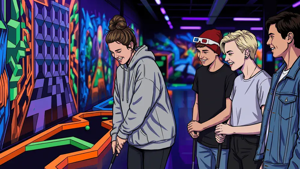 Schwarzlichtfabrik Würzburg – Schüler spielen 3D-Minigolf unter Schwarzlicht