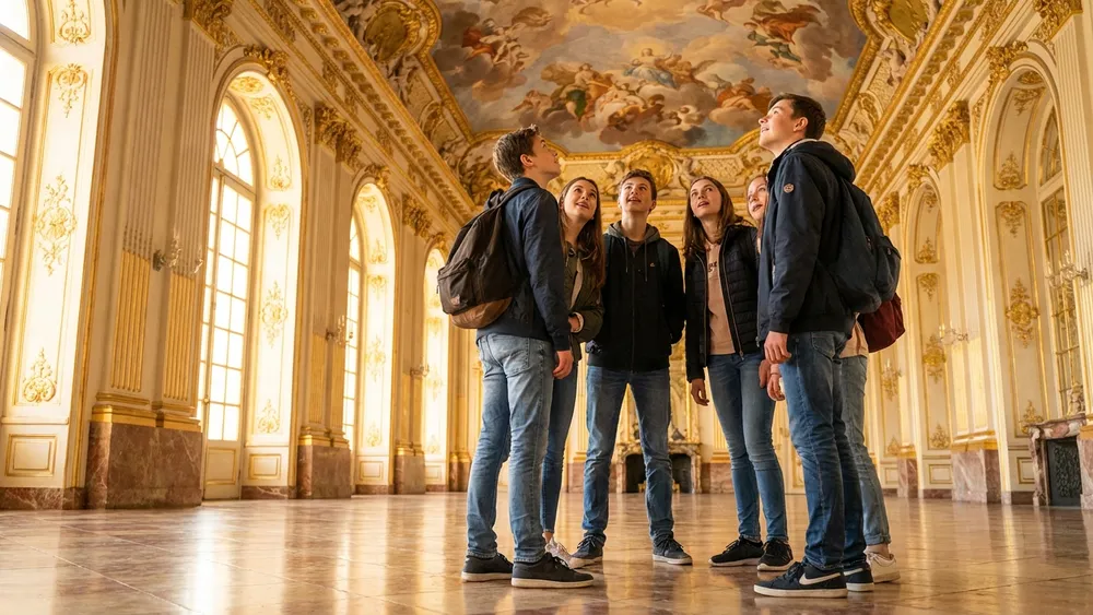 Würzburger Residenz – Schulklasse staunt über das Deckenfresko im Treppenhaus