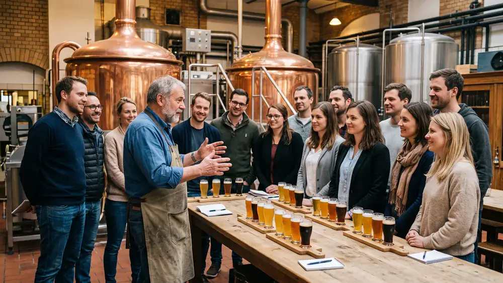 Würzburger Hofbräu Brauereiführung – Kollegen probieren bei der Weihnachtsfeier fünf Bierspezialitäten mit dem Braumeister