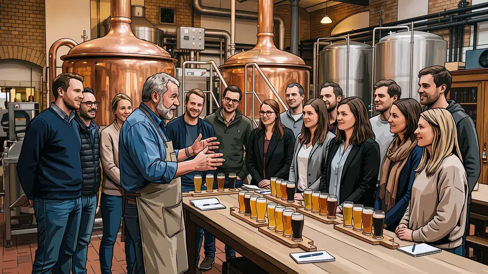 Würzburger Hofbräu Brauereiführung – Kollegen probieren bei der Weihnachtsfeier fünf Bierspezialitäten mit dem Braumeister