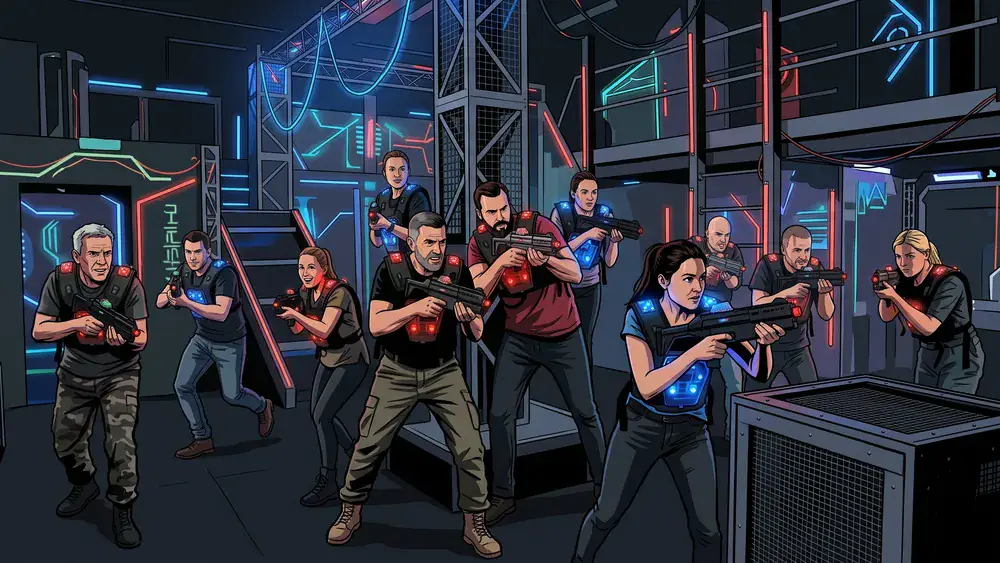 LaserTag Würzburg – Kollegen in taktischen Westen spielen bei der Weihnachtsfeier in einer Neon-Arena