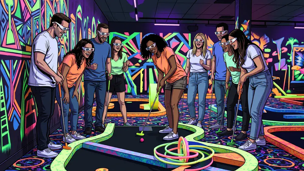 Schwarzlichtfabrik Würzburg – Kollegen spielen mit 3D-Brillen Minigolf unter Schwarzlicht