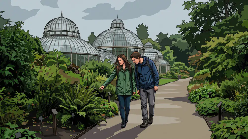 Botanischer Garten Zürich – Paar spaziert vor den Tropenhäusern