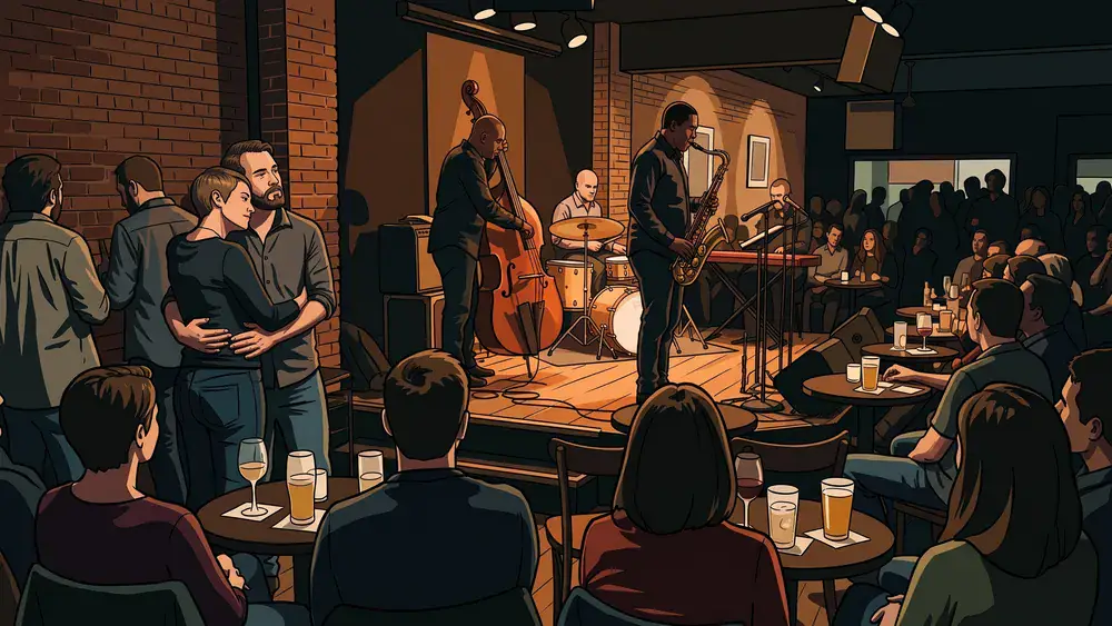 Jazzclub Moods in Zürich – Paar hört einem Quartett auf der Bühne zu