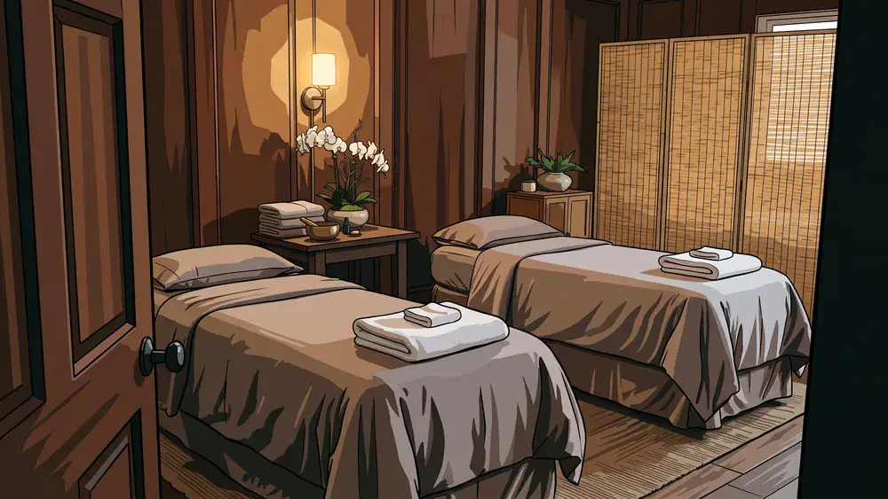 Thai-Spa in Zürich – vorbereiteter Behandlungsraum mit zwei Liegen
