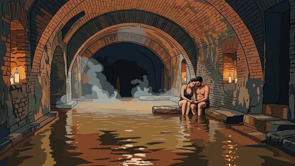Thermalbad Zürich – Paar sitzt im warmen Wasser unter den Ziegelgewölben