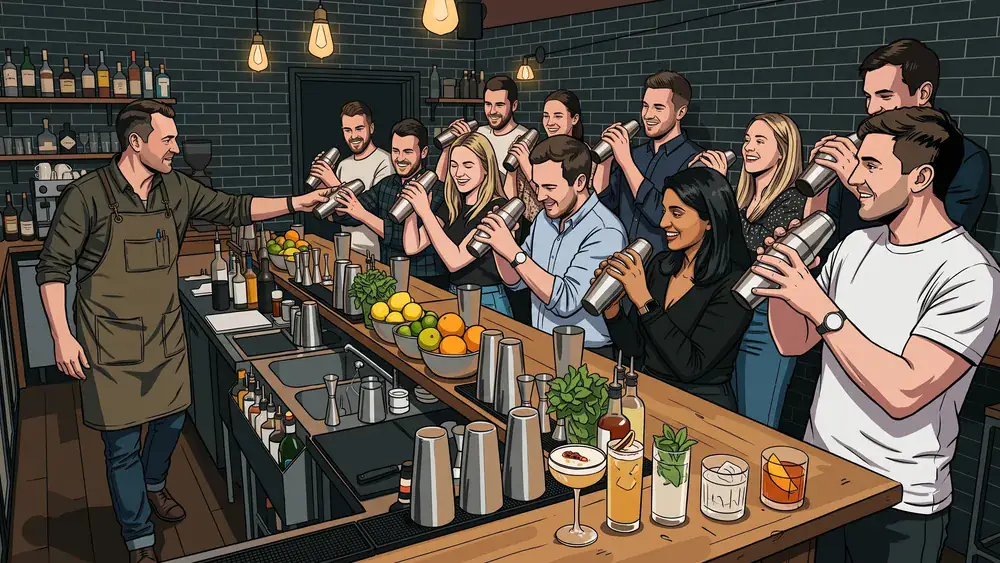 Cocktailkurs als Firmenanlass in Zürich – Team mixt in Reihe hinter der Bar