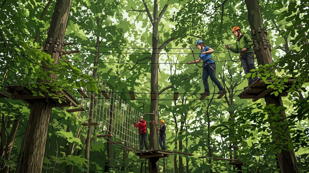 Seilpark bei Zürich – Team im Klettergurt auf dem Parcours zwischen den Bäumen