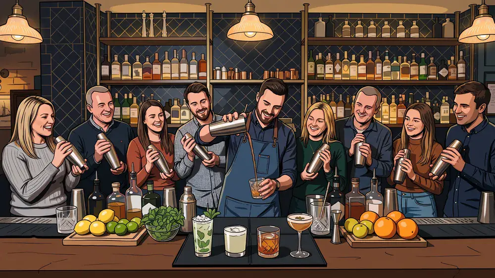 Cocktailkurs als Firmenanlass in Zürich – Team mixt hinter der Bar eigene Drinks
