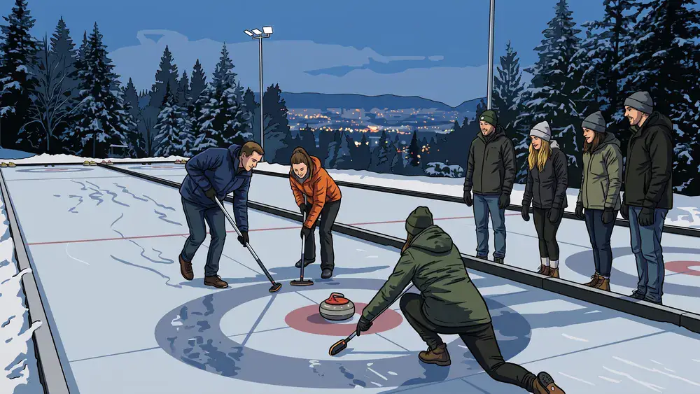 Curling in Zürich – Team spielt auf der Bahn, zwei wischen vor dem Stein
