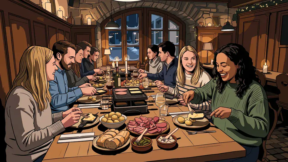 Raclette-Essen in Zürich – Team am Tisch mit Raclette-Pfännchen und Beilagen