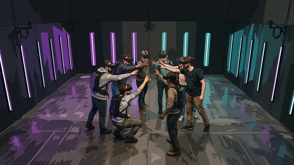 Virtual Reality als Firmenanlass in Zürich – acht Personen mit VR-Brillen in der Arena