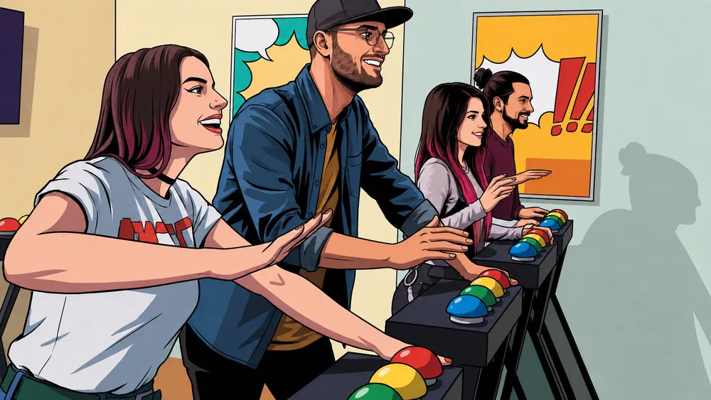 Gamer Gameshow in Hamburg – Gruppe spielt begeistert an beleuchteten Spielstationen